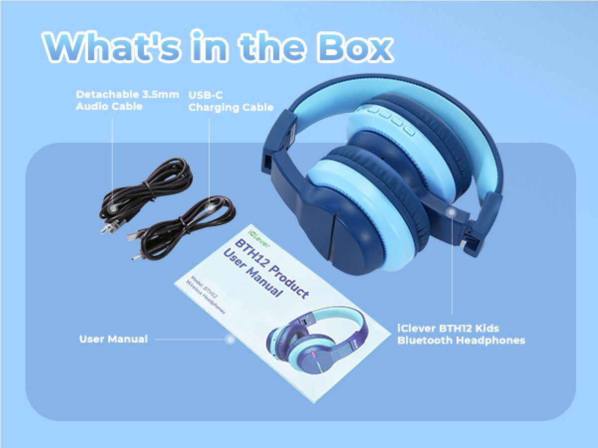 What's included in the BTH12 kids' headphones box.